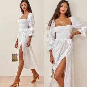 Reformation Hyland 100% LINEN Midi Dress White Square Neck Size Small MSRP $278